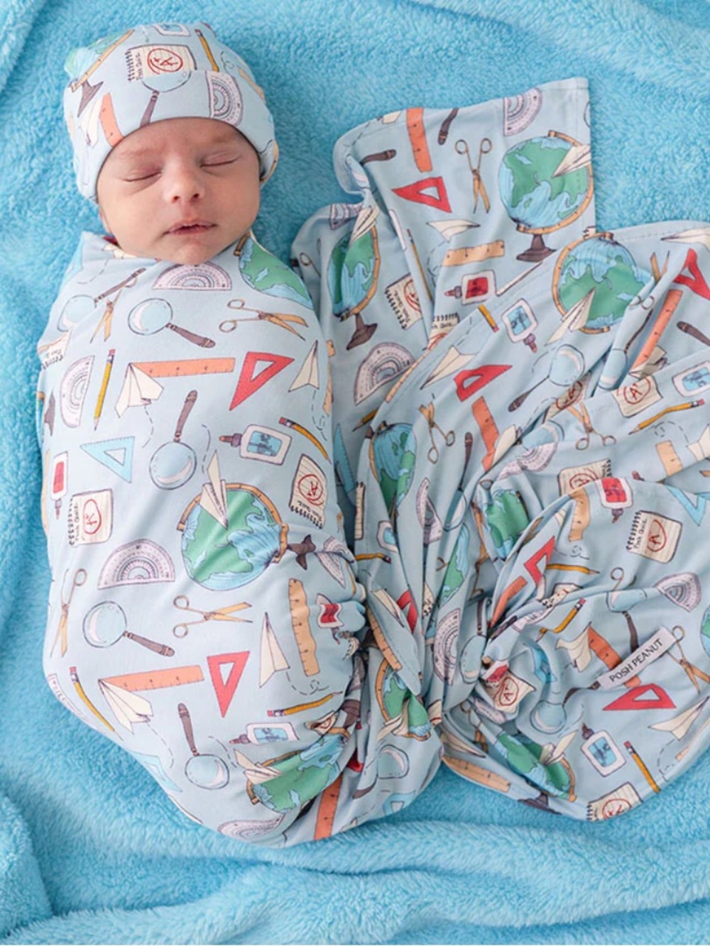 Posh Peanut Swaddle Beanie Set - Light Blue School Print